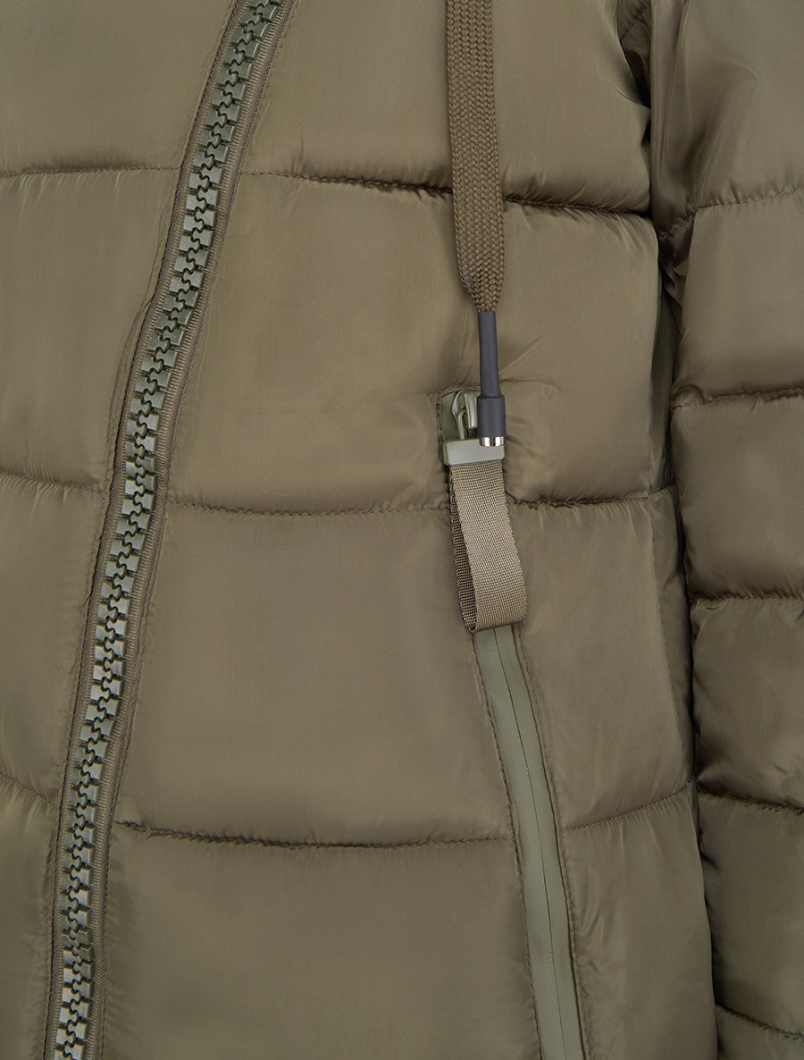Doudoune longue à capuche et zip en biais - Kaki - 3