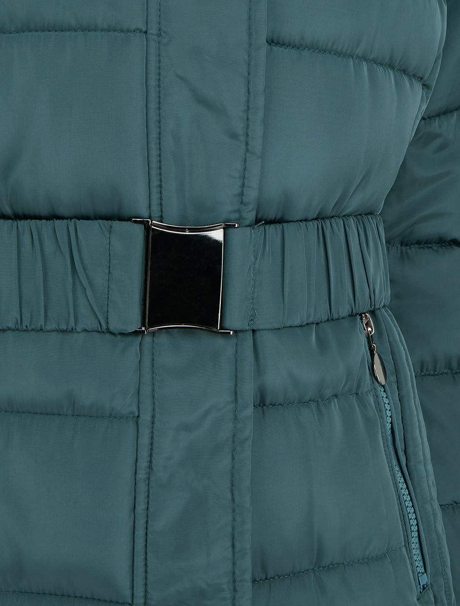 Doudoune ceinturée à capuche en fourrure synthétique - Bleu canard - 3