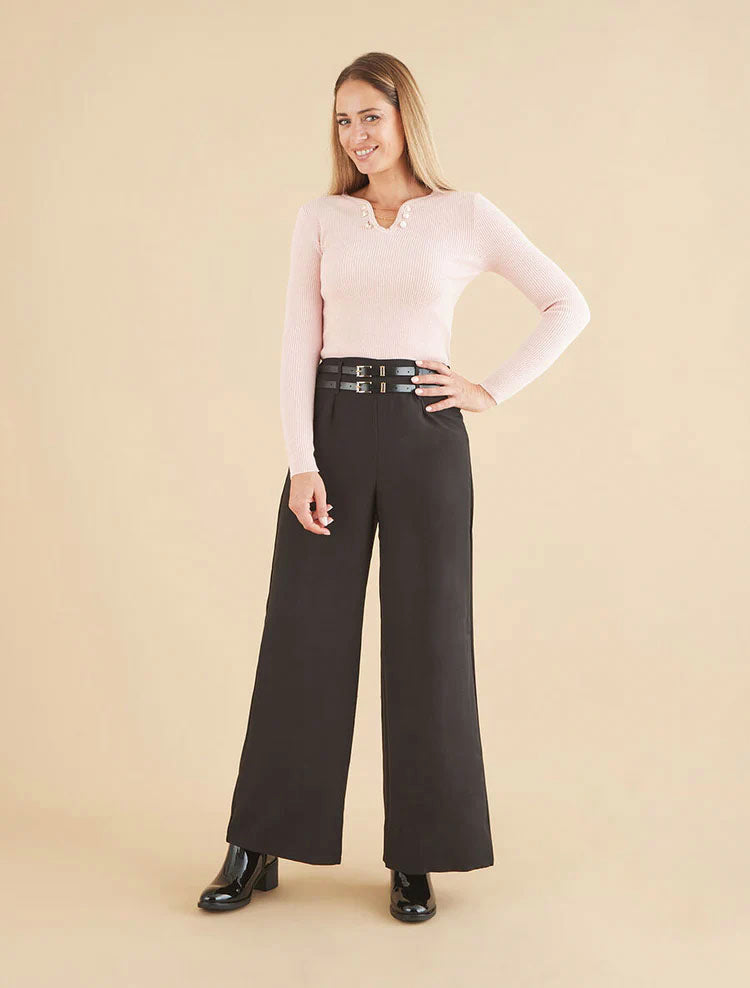 Pantalon wide leg à double ceintures - Noir - 8