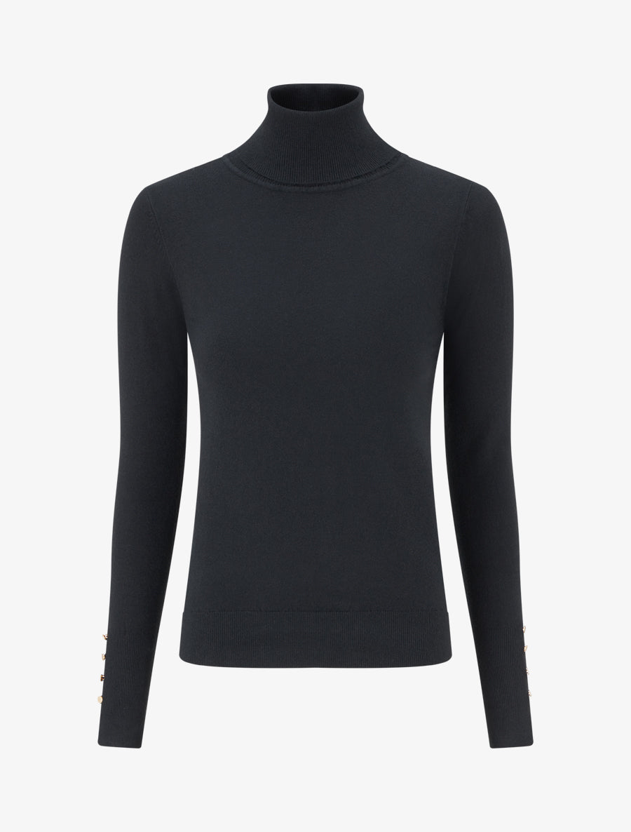 Pull fin à col roulé et boutons décoratifs - Noir - 1