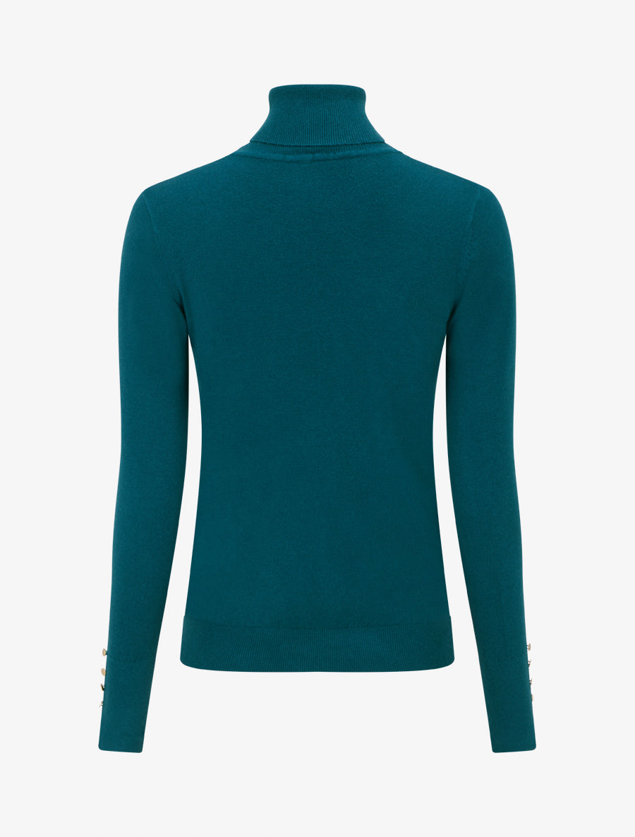 Pull fin à col roulé et boutons décoratifs - Bleu canard - 2
