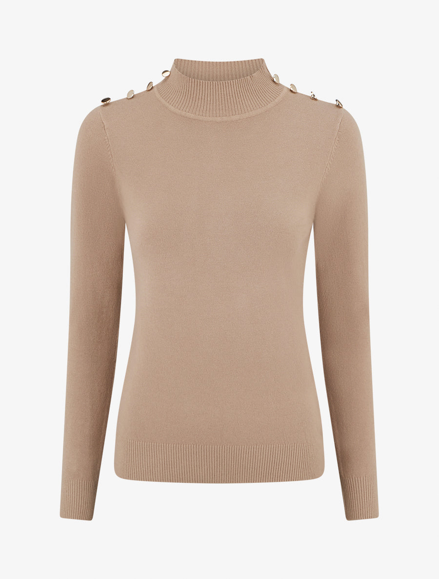 Figurbetonter Pullover mit Stehkragen und Knöpfen - Beige
