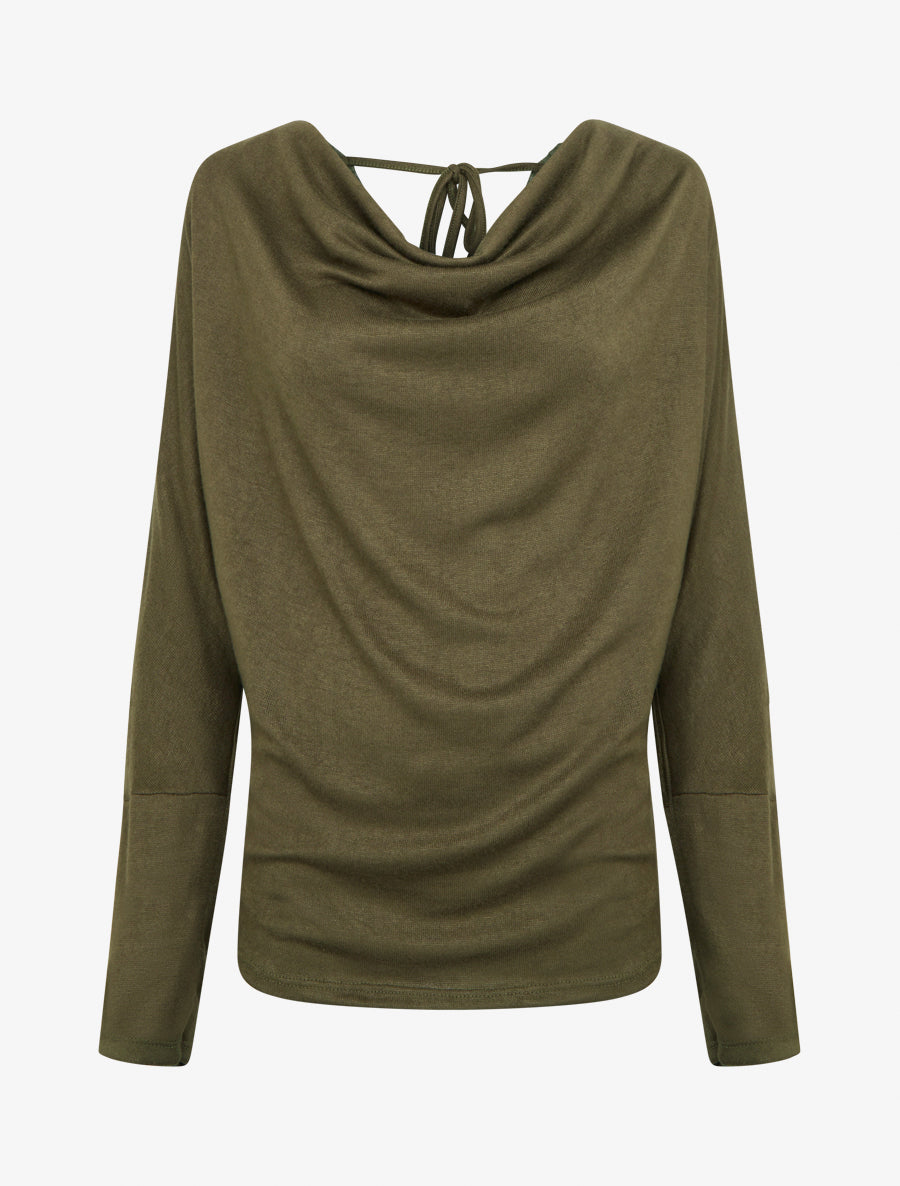 Pull fin uni à empiècement dentelle au dos - Kaki - 1