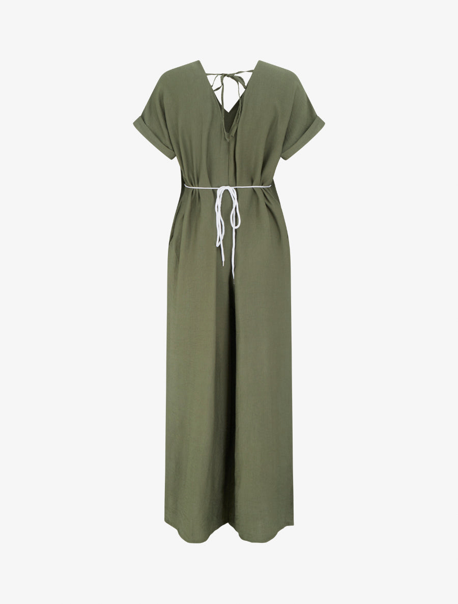 Combinaison ample à manches courtes et ceinture perlée - Kaki - 2