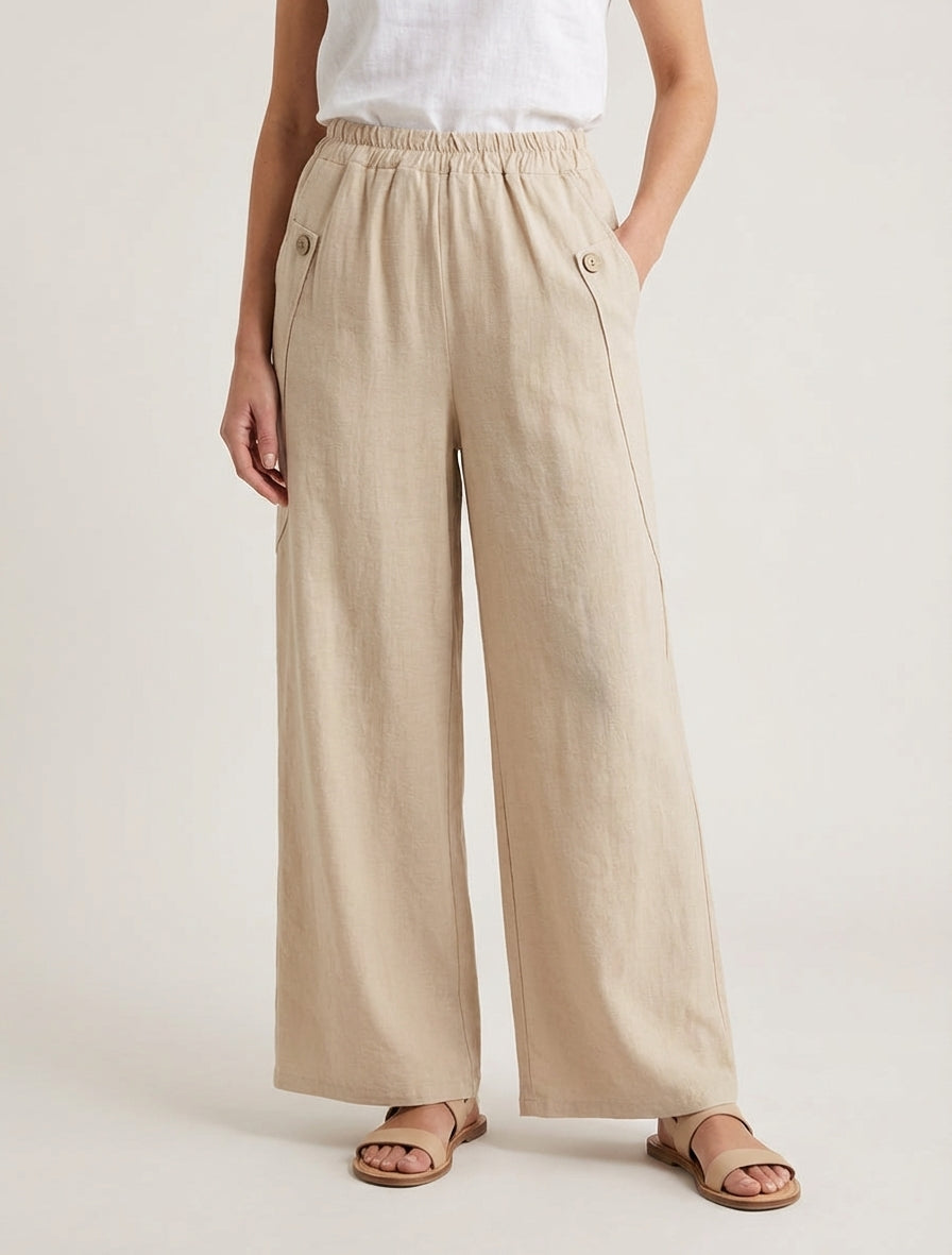 Weite einfarbige Hose mit dekorativen Knöpfen - Beige