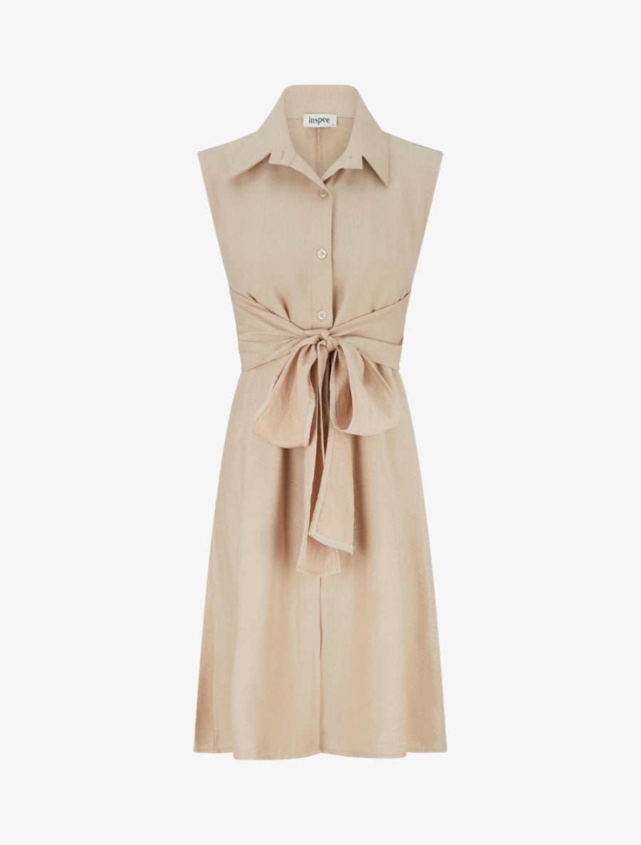 Robe chemise sans manches à liens à nouer - Beige - 1