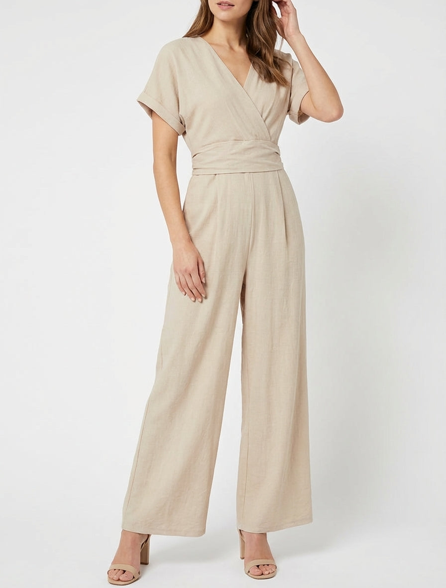 Einfarbiger Kurzarm-Overall - Beige