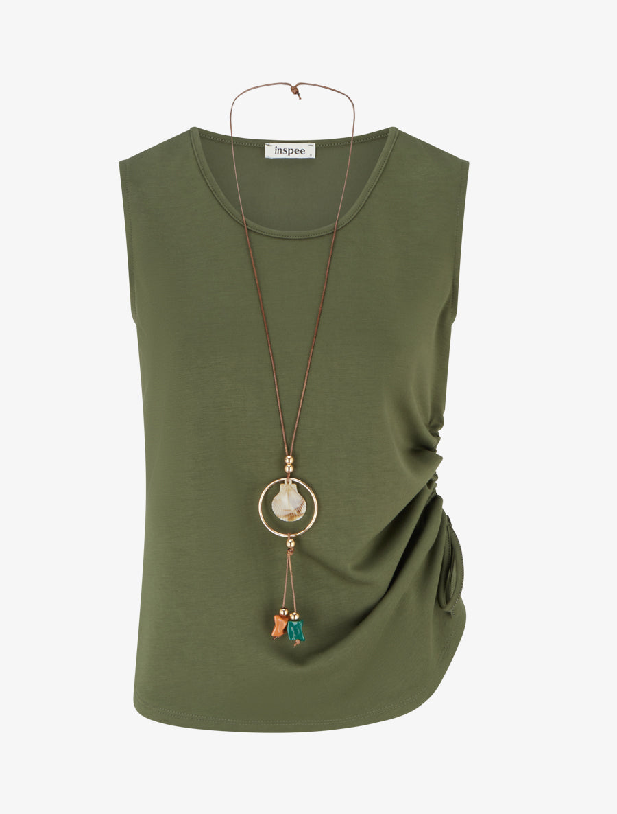 Top froncé sans manches à col rond - Kaki - 1