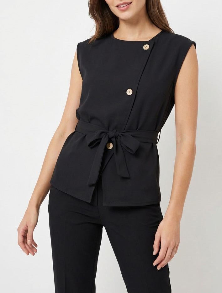Ärmelloses, geknöpftes Top - Schwarz
