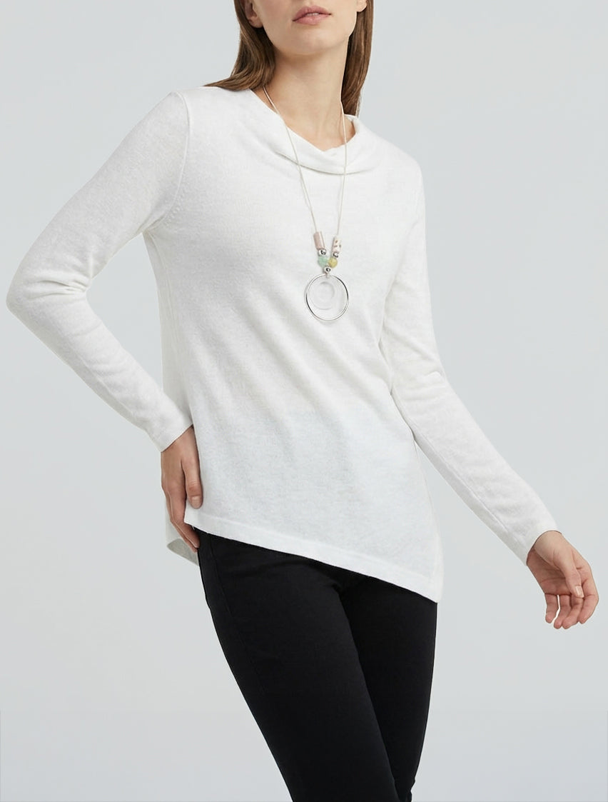 Asymmetrischer Pullover mit Wasserfallausschnitt - Weiß