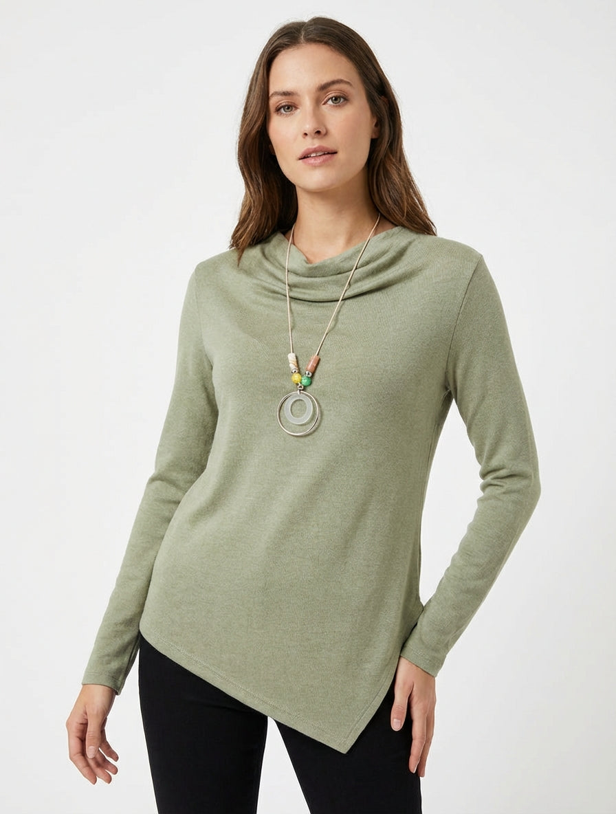 Asymmetrischer Pullover mit Wasserfallausschnitt - Kaki