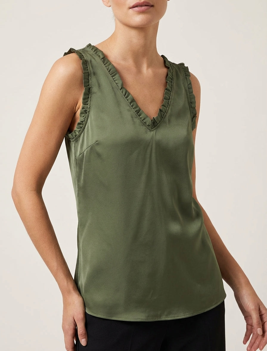 Ärmelloses Satin-Top mit Rüschenkragen - Kaki
