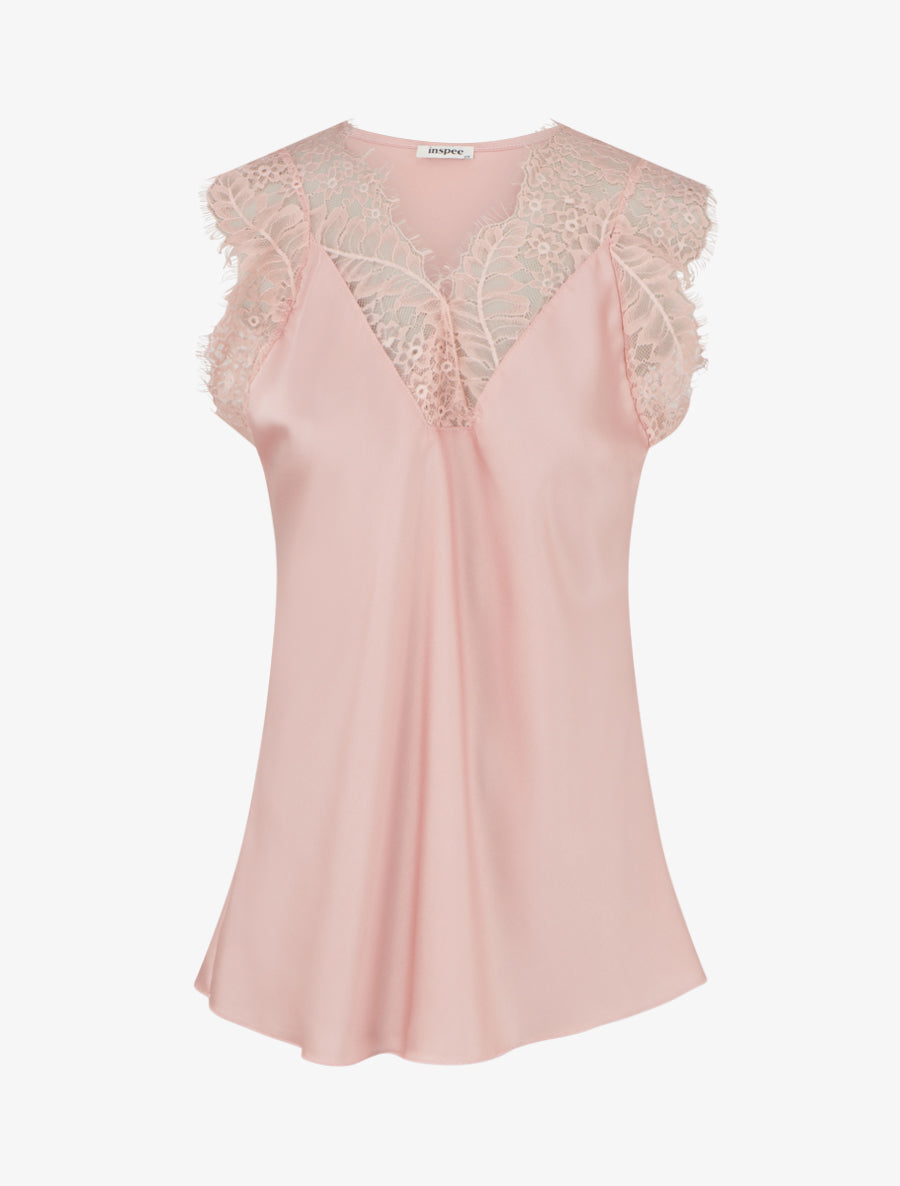 Top satiné à col V en dentelle - Rose - 1