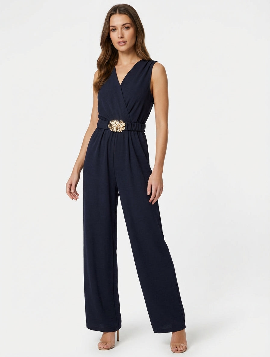 Ärmelloser Overall mit Gürtel - Marine