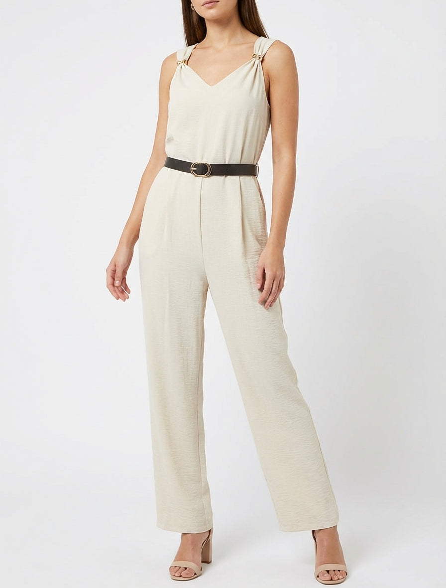 Einfarbiger Overall mit Schmuckeinsatz - Beige