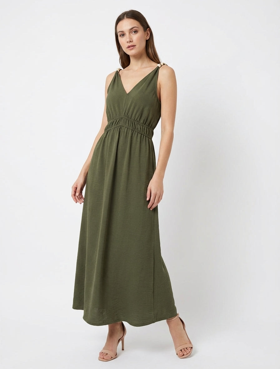 Langes ausgestelltes Kleid mit Perlenriemen - Kaki