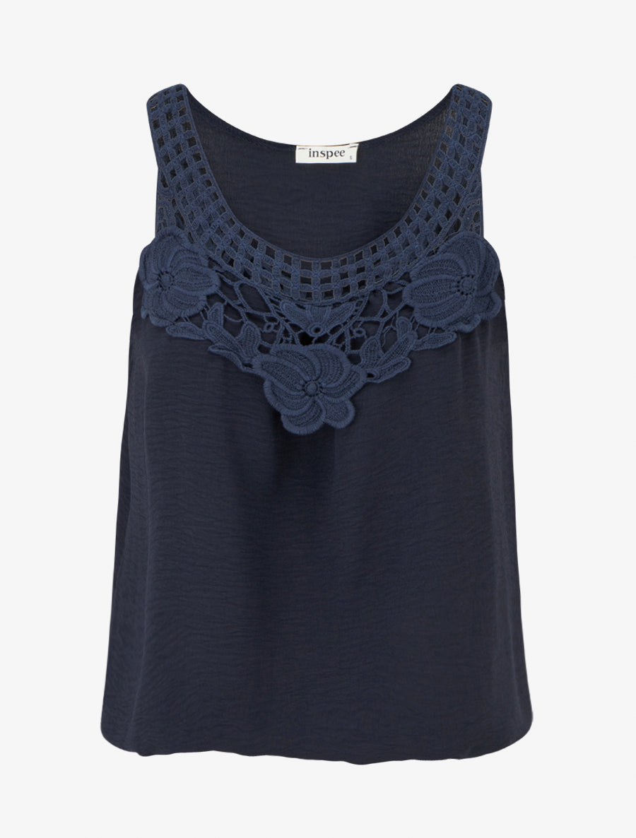 Top sans manches à dentelle et crochet - Marine - 1