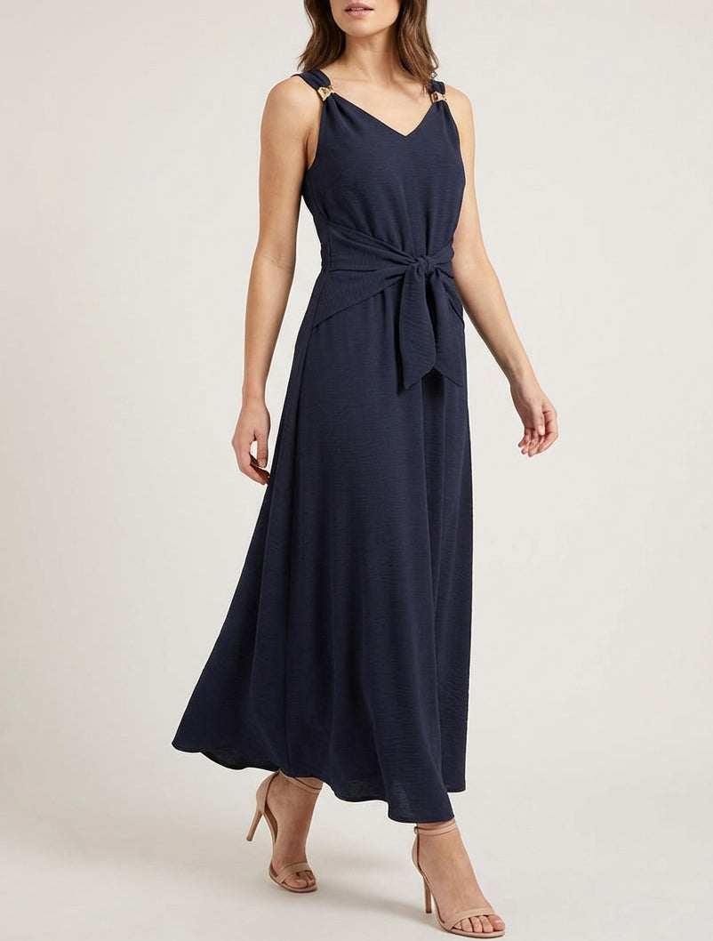 Langes Kleid mit Bindebändern - Mitternachtsblau