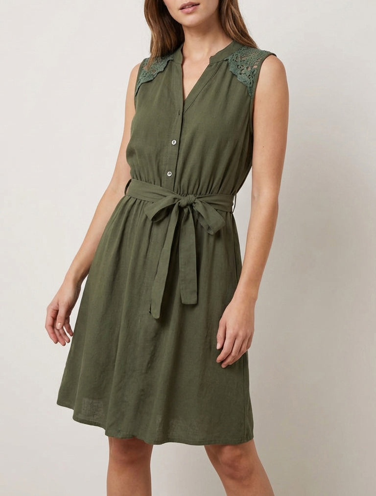 Ärmelloses, knielanges, geknöpftes Kleid - Kaki