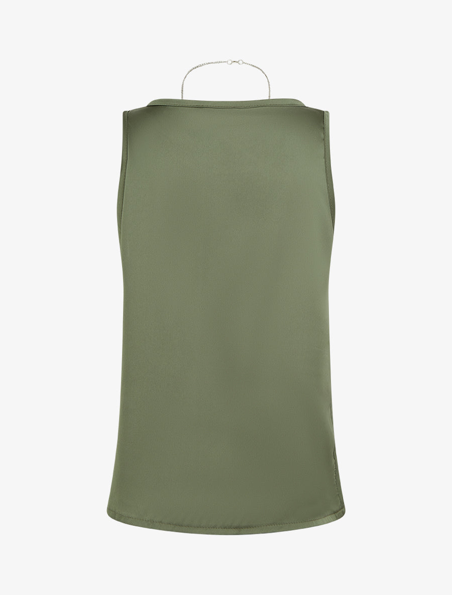 Top satiné sans manches à col bijou - Kaki - 2