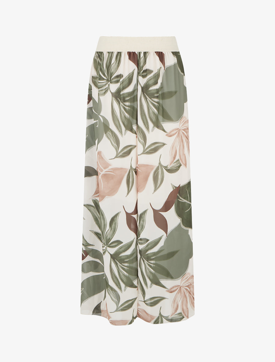 Jupe élastiquée à imprimé grandes feuilles - Kaki - 2