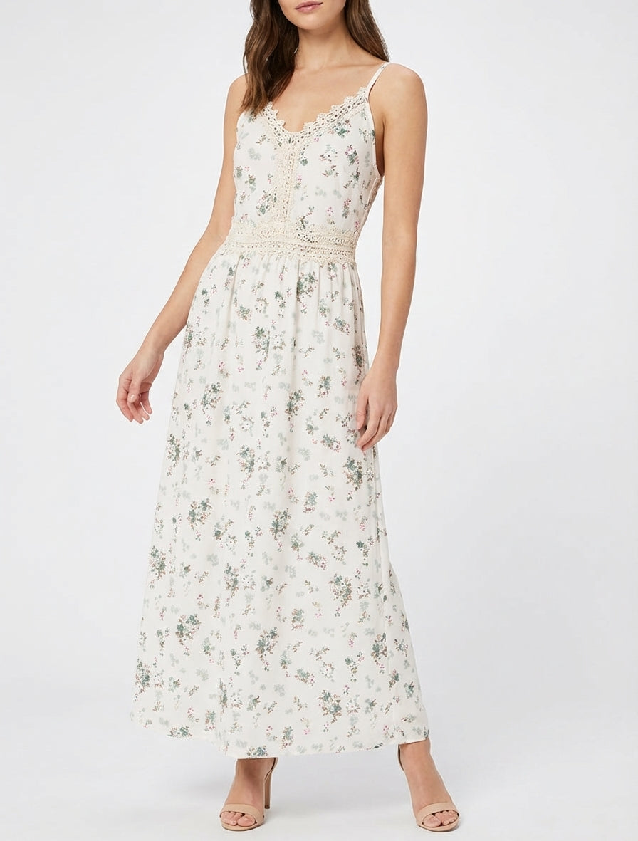 Langes Kleid mit kleinen Blumenmuster und Häkel-Details - Kaki