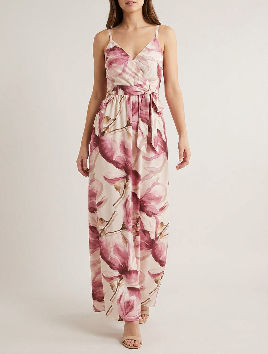 Langes Kleid mit elastischem Rücken und Blumenmuster - Altrosa