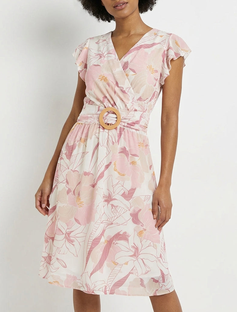 Midikleid mit großen Blumenmuster und Schnalle - Rose