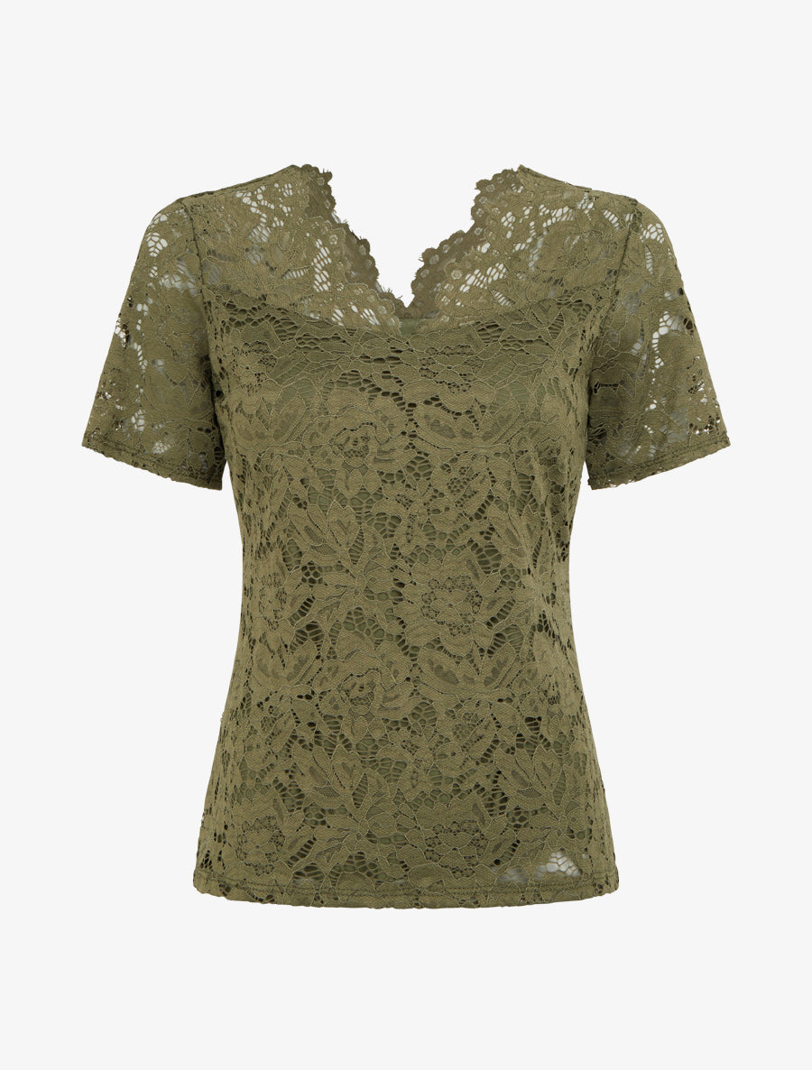 Top en dentelle à manches courtes - Kaki - 1