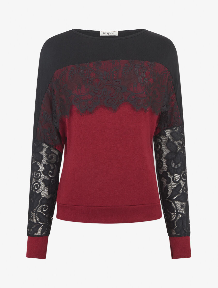 Pull fin dolman à bande dentelle - Bordeaux - 1