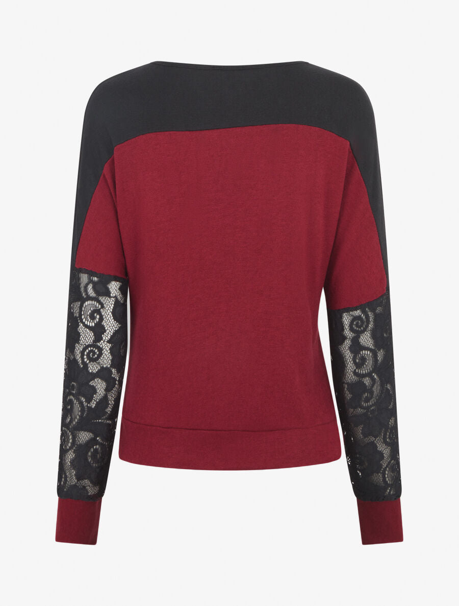 Pull fin dolman à bande dentelle - Bordeaux - 2