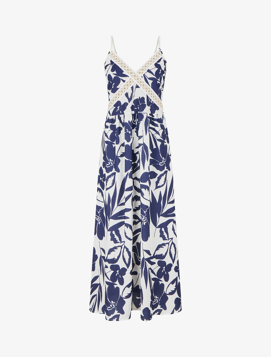 Robe fleurie à empiècement broderie - Marine - 1