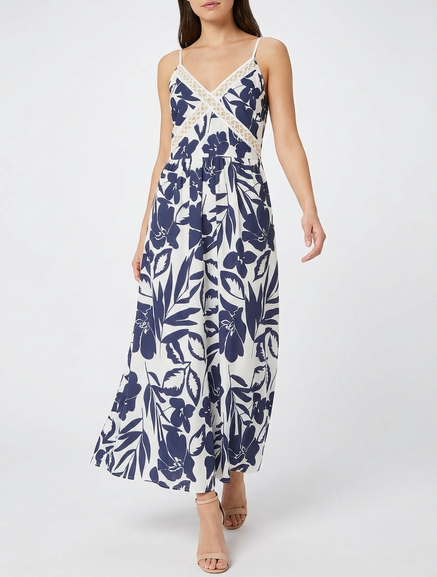 Geblümtes Kleid mit Stickereinsatz - Marine