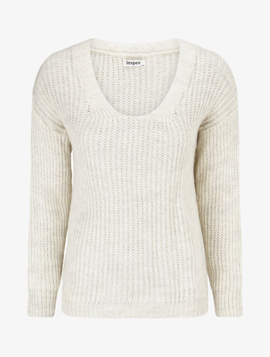 Pull en maille à col V - Écru - 1