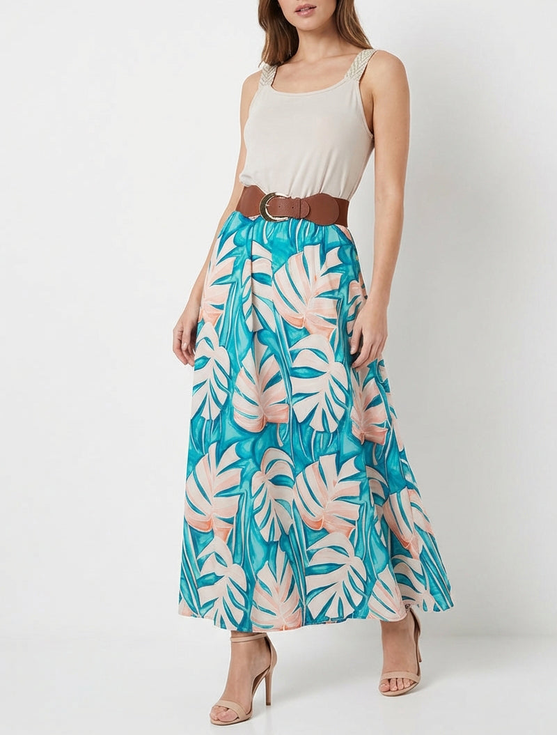 Langes Kleid mit Blätterdruck - Entenblau