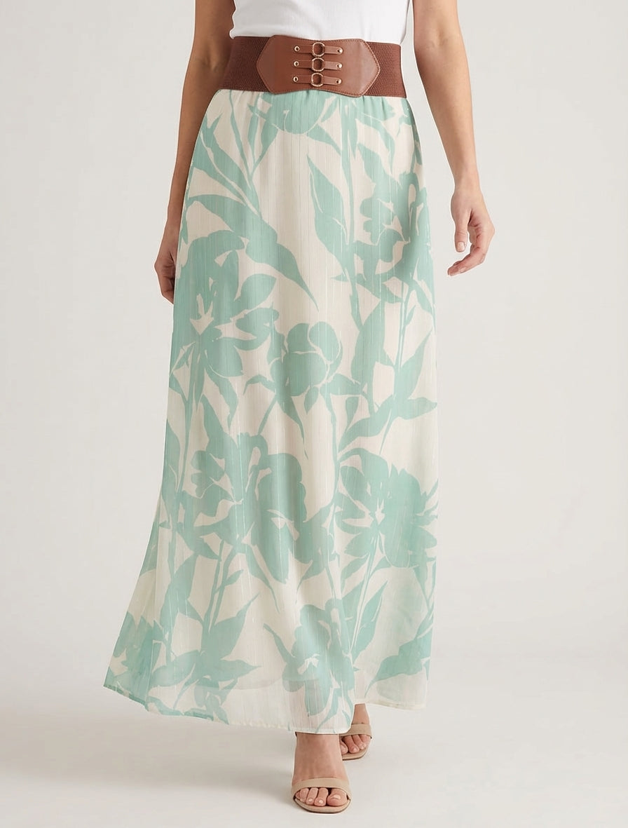 Langer Rock mit irisierendem Streifen- und Blumenmuster. - Wassergrün