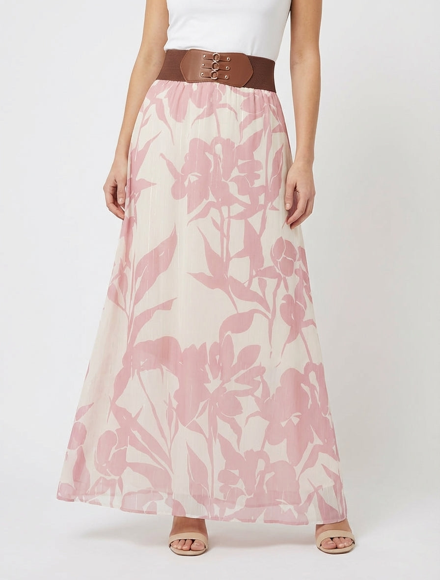 Langer Rock mit irisierendem Streifen- und Blumenmuster. - Rose