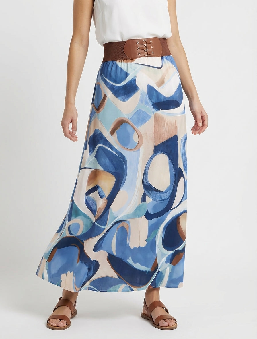 Langer Rock mit abstraktem Druck und fantasievollem Bund. - Blau