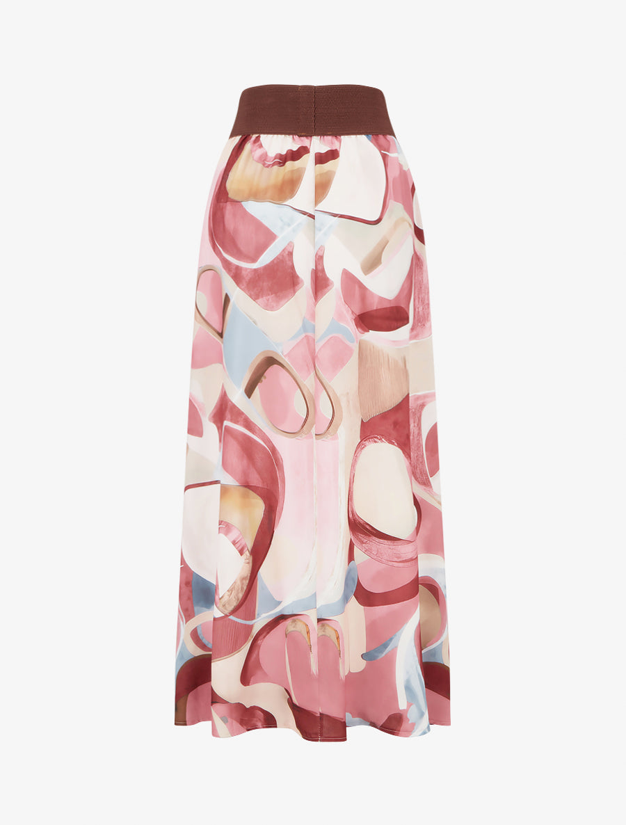 Jupe longue imprimé abstrait à taille fantaisie - Rose - 2