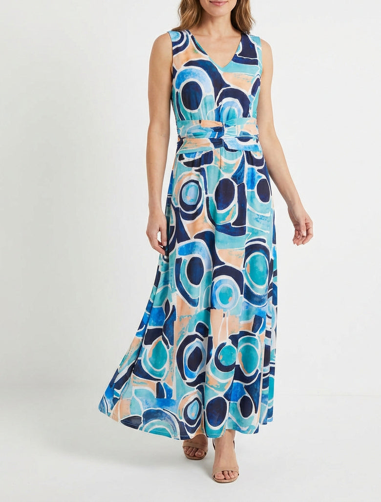 Kleid mit abstraktem Druck und elastischer Taille - Marine