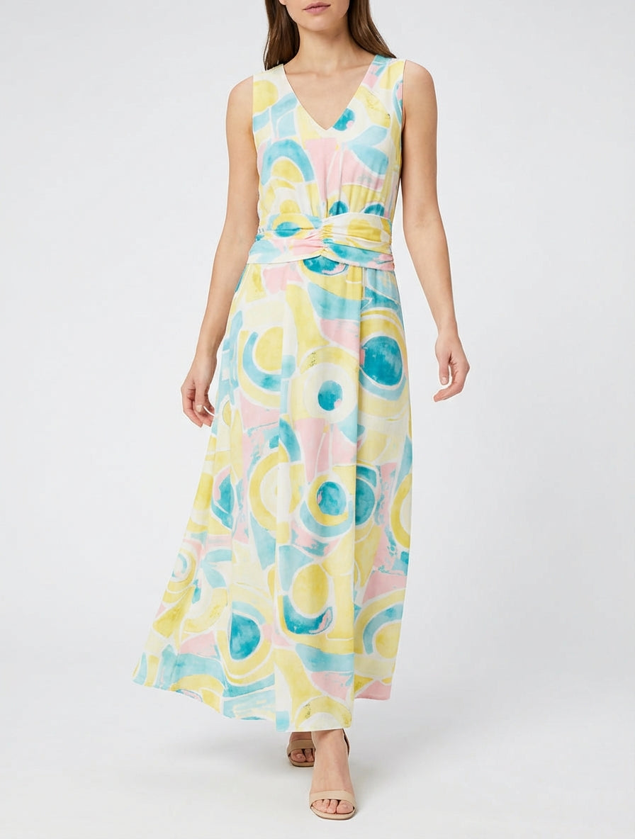 Kleid mit abstraktem Druck und elastischer Taille - Gelb