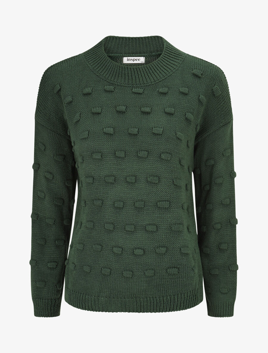 Pull en maille à rectangles en relief - Vert sapin - 1