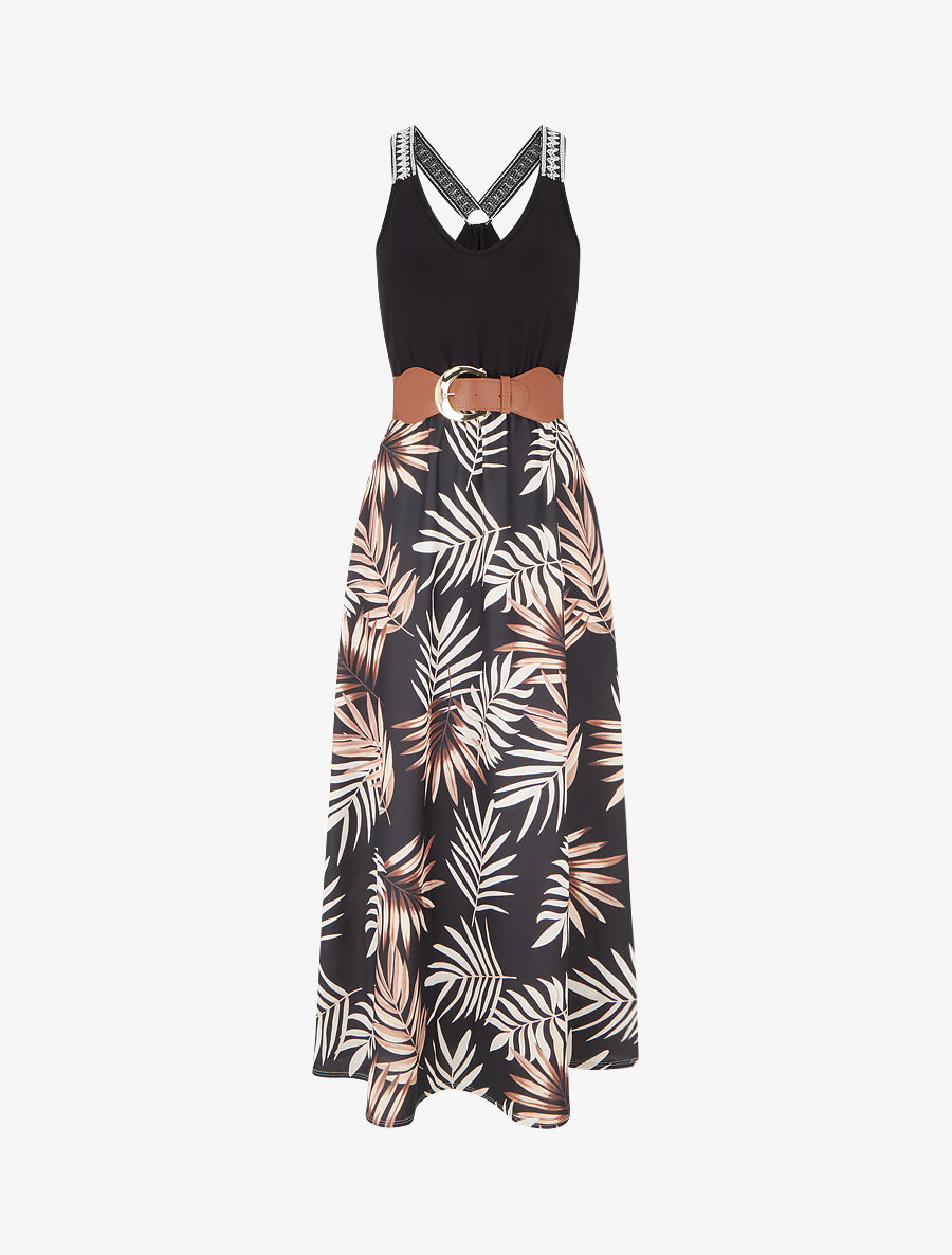 Robe longue imprimé feuillage - Noir - 1