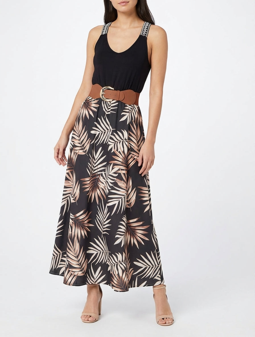 Langes Kleid mit Blätterdruck - Schwarz