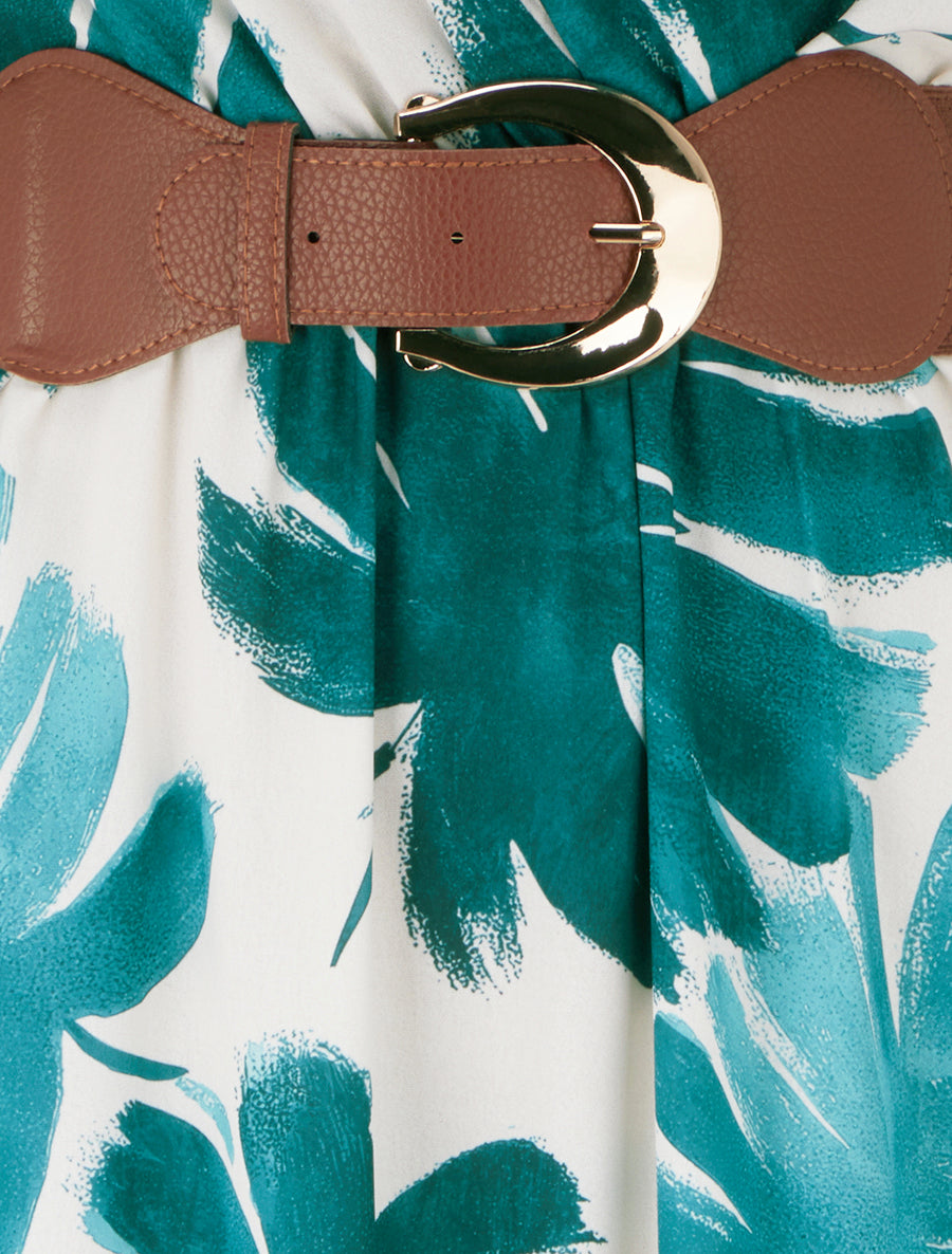 Robe longue manches courtes imprimé feuillage - Vert foncé - 3