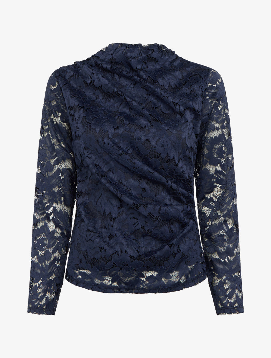 Top en dentelle drapé à manches longues - Marine - 1