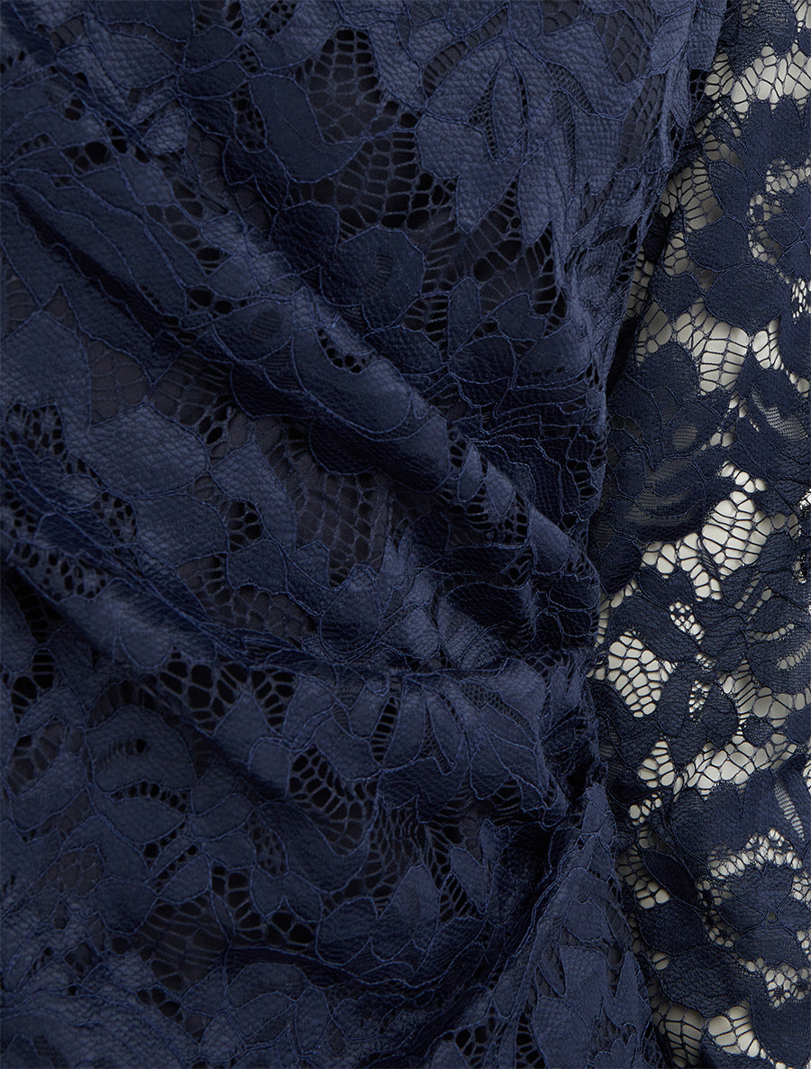 Top en dentelle drapé à manches longues - Marine - 3