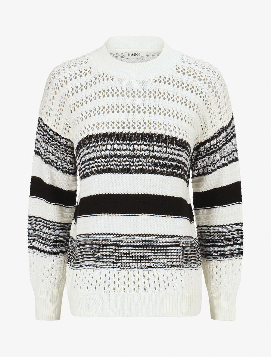 Pull en maille ajourée et rayures - Blanc - 1