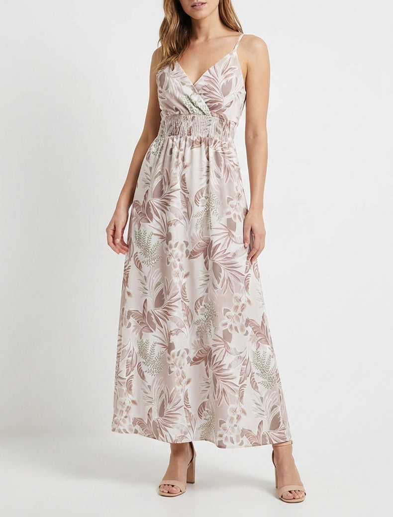 Langes Kleid mit schmalen Trägern und Blattdruck - Beige