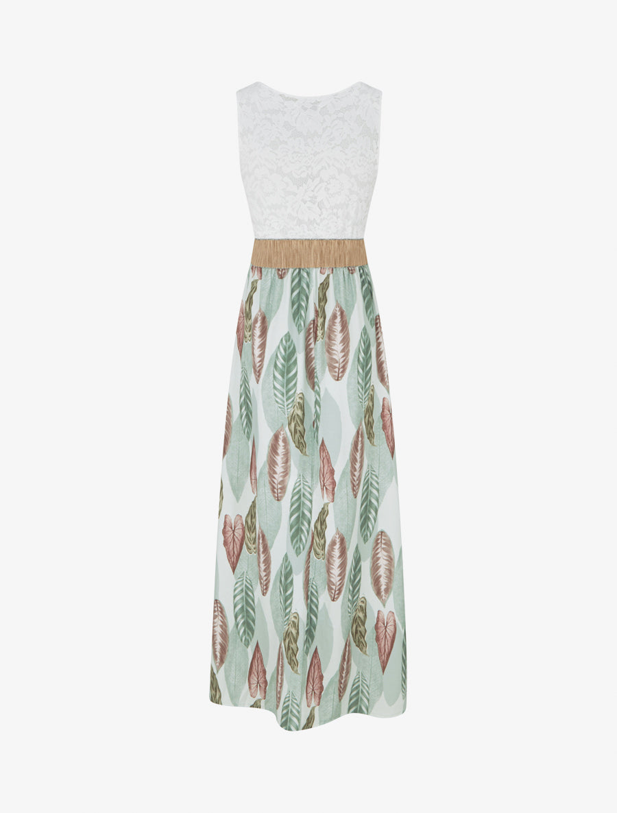 Robe longue à dentelle et imprimé feuilles - Vert amande - 2